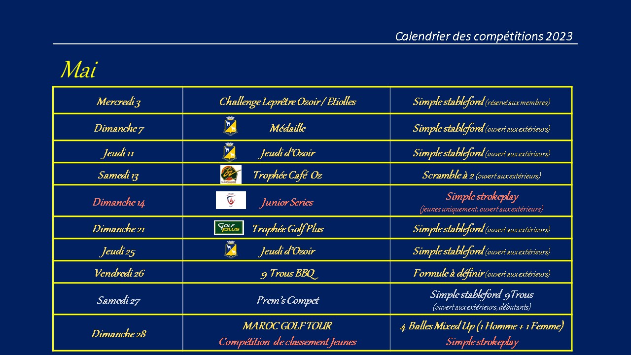 Calendrier des Compétitions mai2023