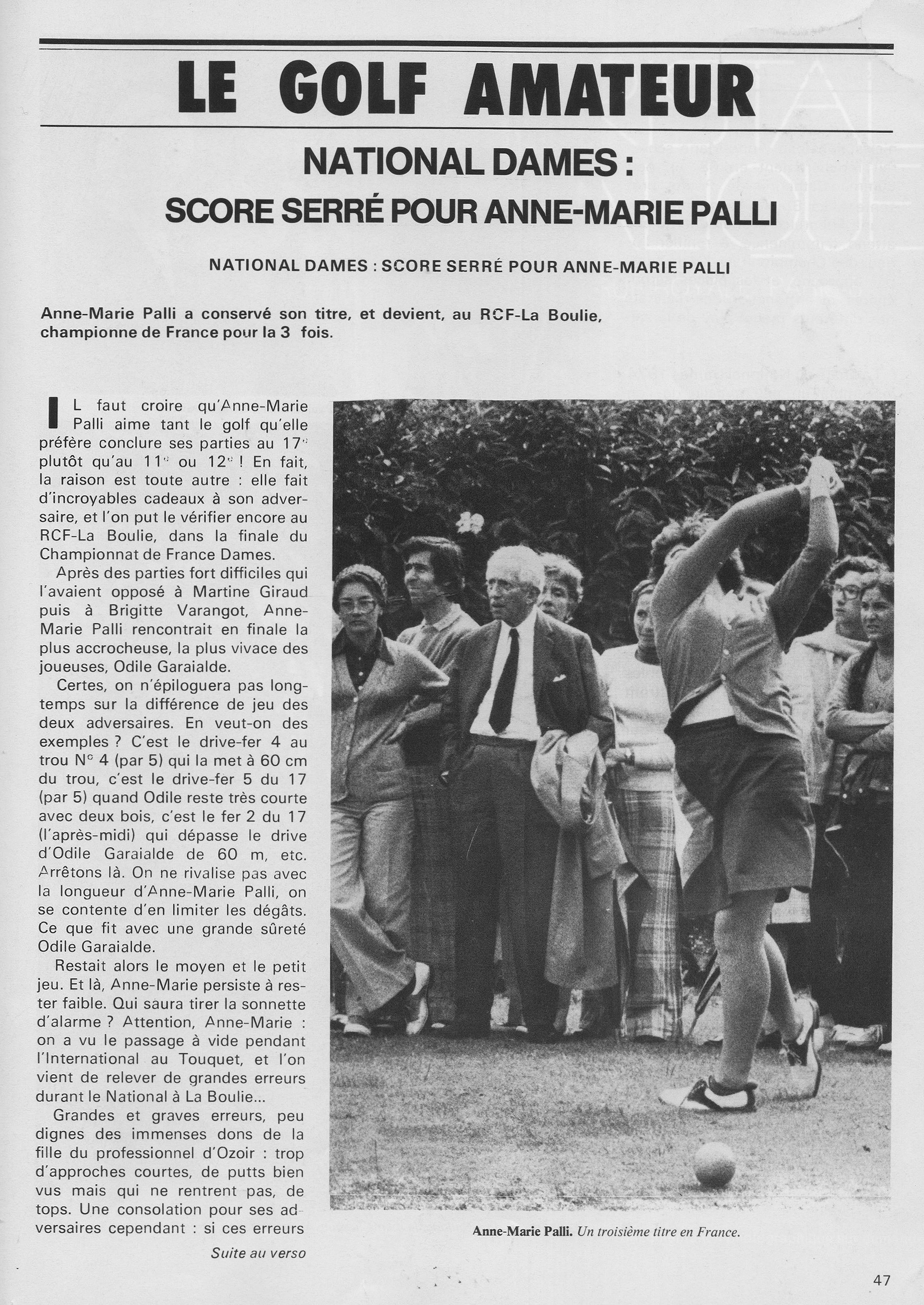 Anne Marie Palli Championne de France pour la 3me fois en 1974