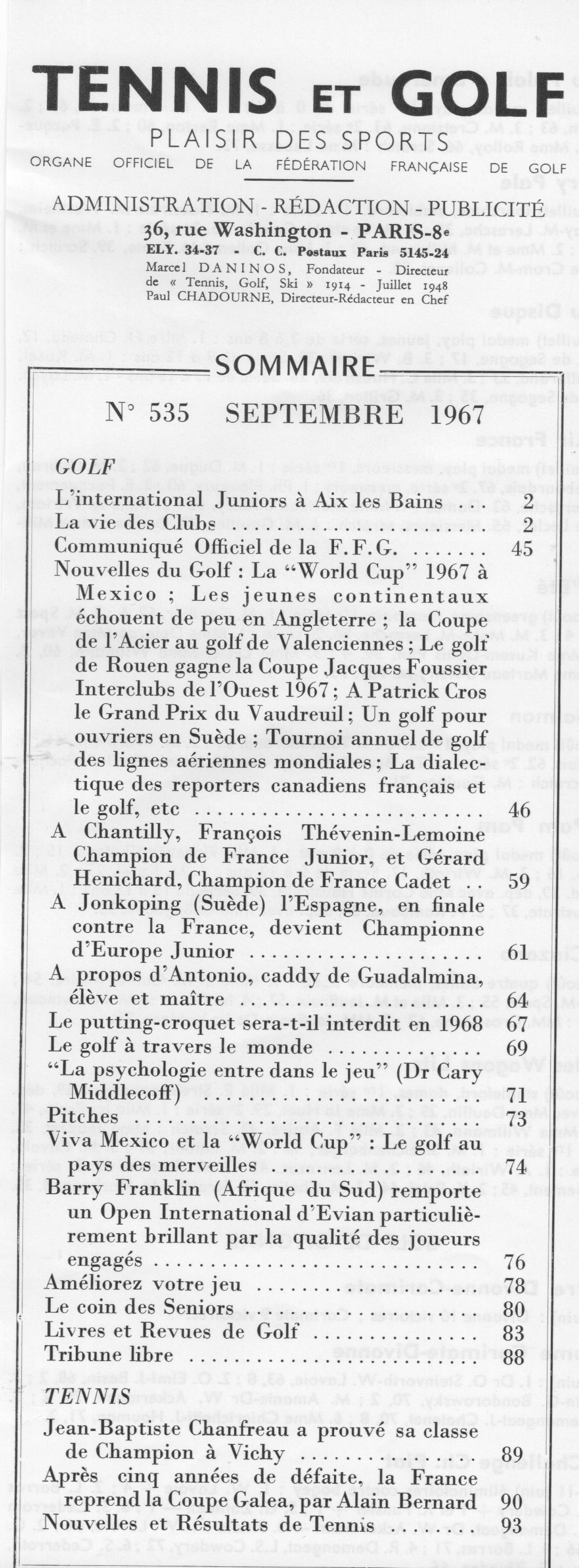 Gérard Hénichard au sommaire de la revue Tennis et Golf Septembre 1967